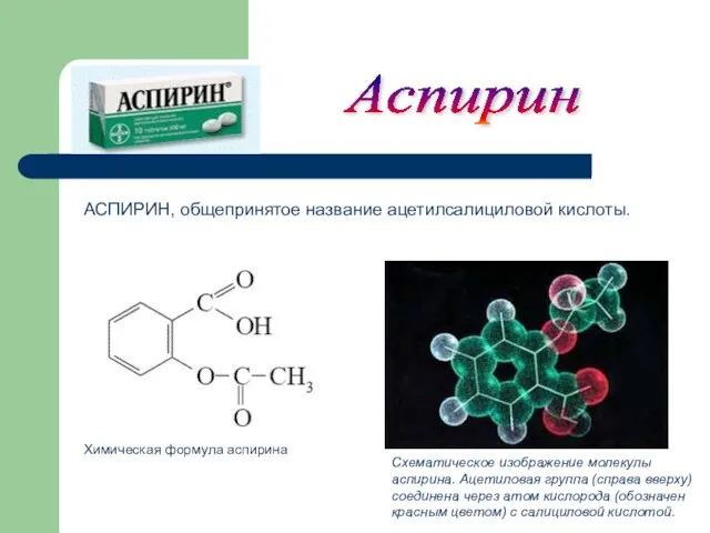 Схематическое изображение молекулы аспирина. Ацетиловая группа (справа вверху) соединена через атом кислорода