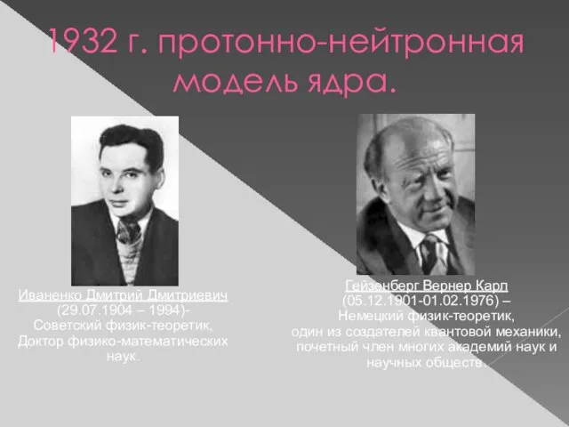 1932 г. протонно-нейтронная модель ядра. Иваненко Дмитрий Дмитриевич (29.07.1904 – 1994)- Советский