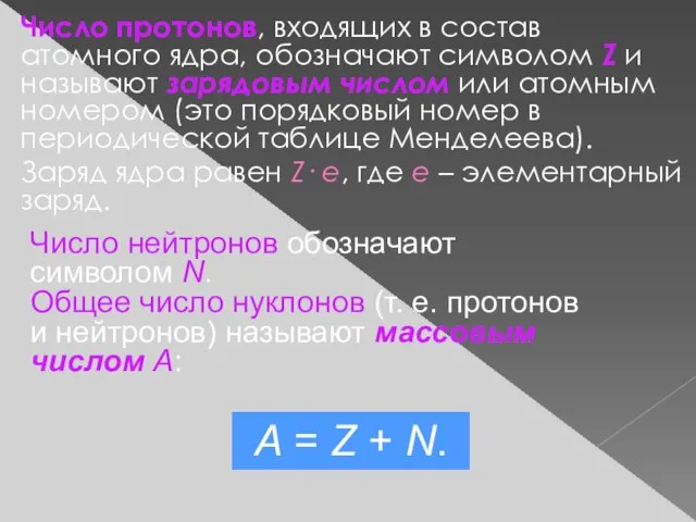 Число протонов, входящих в состав атомного ядра, обозначают символом Z и называют