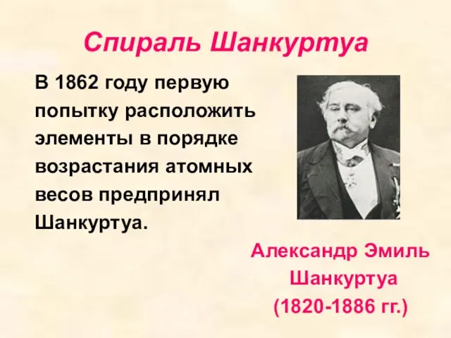 Спираль Шанкуртуа В 1862 году первую попытку расположить элементы в порядке возрастания