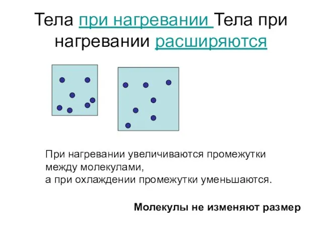 Тела при нагревании Тела при нагревании расширяются При нагревании увеличиваются промежутки между