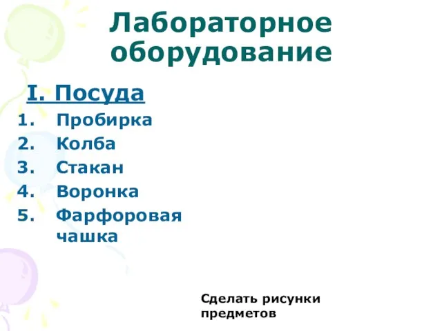 Лабораторное оборудование I. Посуда Пробирка Колба Стакан Воронка Фарфоровая чашка Сделать рисунки предметов