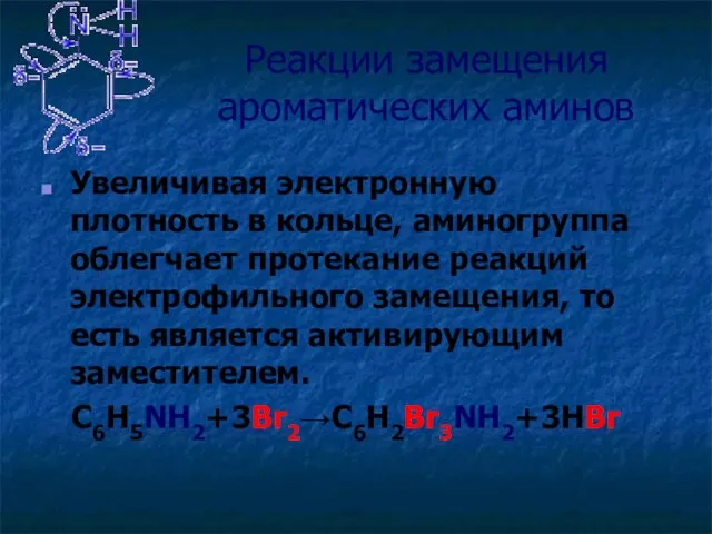 Реакции замещения ароматических аминов Увеличивая электронную плотность в кольце, аминогруппа облегчает протекание