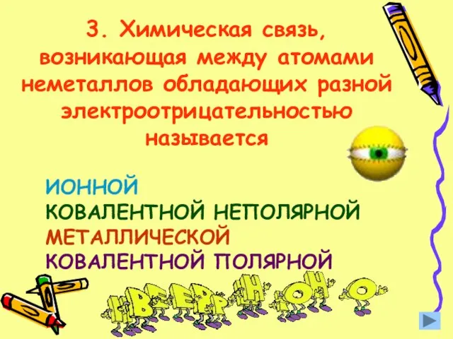 3. Химическая связь, возникающая между атомами неметаллов обладающих разной электроотрицательностью называется ИОННОЙ