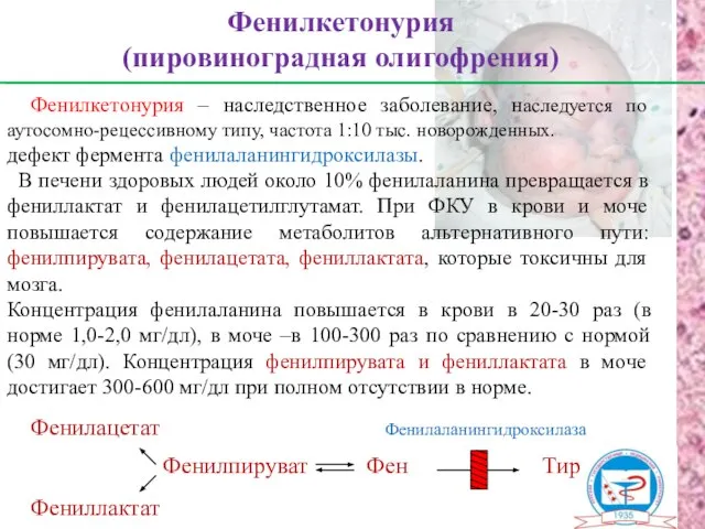 Фенилкетонурия – наследственное заболевание, наследуется по аутосомно-рецессивному типу, частота 1:10 тыс. новорожденных.