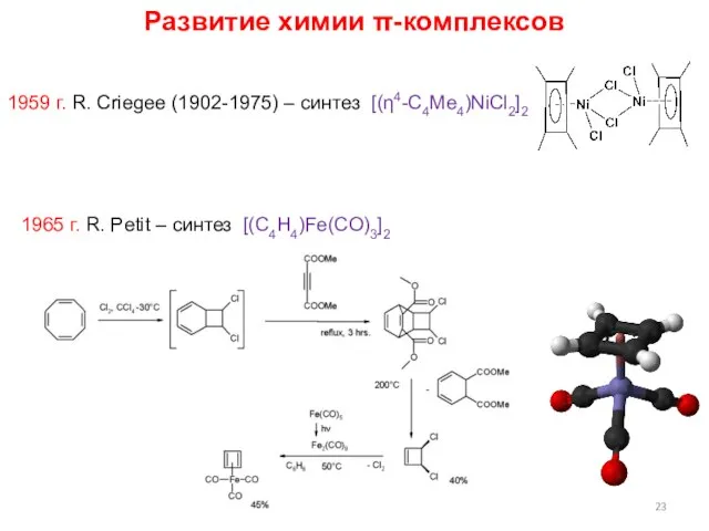 Развитие химии π-комплексов 1959 г. R. Criegee (1902-1975) – синтез [(η4-C4Me4)NiCl2]2 1965