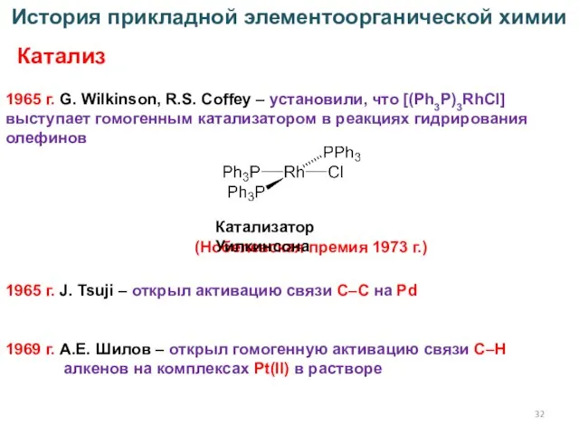 История прикладной элементоорганической химии Катализ (Нобелевская премия 1973 г.) 1965 г. G.