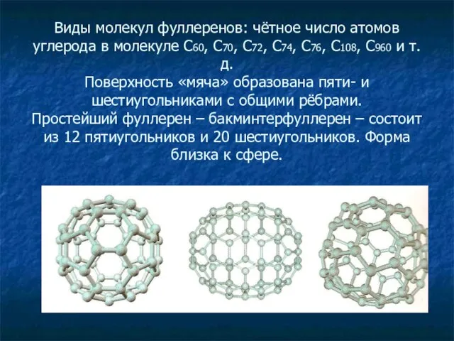 Виды молекул фуллеренов: чётное число атомов углерода в молекуле С60, С70, С72,