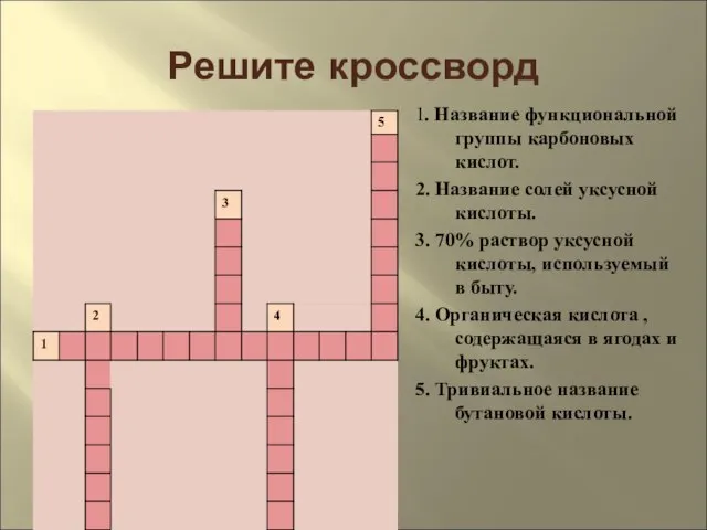 Решите кроссворд 1. Название функциональной группы карбоновых кислот. 2. Название солей уксусной