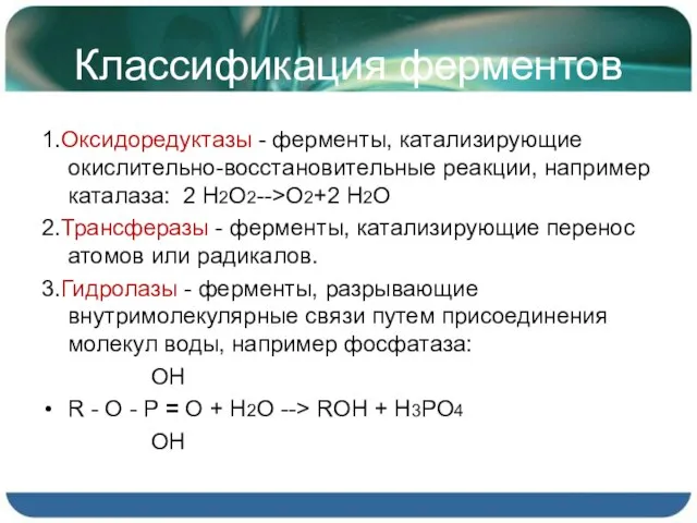 Классификация ферментов 1.Оксидоредуктазы - ферменты, катализирующие окислительно-восстановительные реакции, например каталаза: 2 H2O2-->O2+2