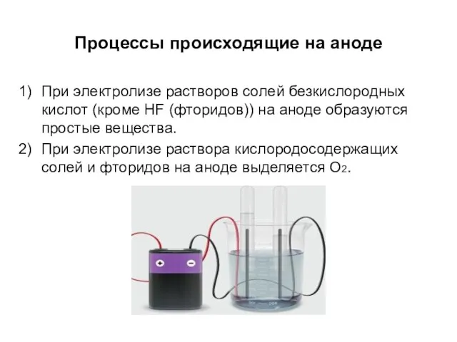 Процессы происходящие на аноде При электролизе растворов солей безкислородных кислот (кроме HF