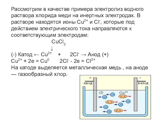 Рассмотрим в качестве примера электролиз водного раствора хлорида меди на инертных электродах.