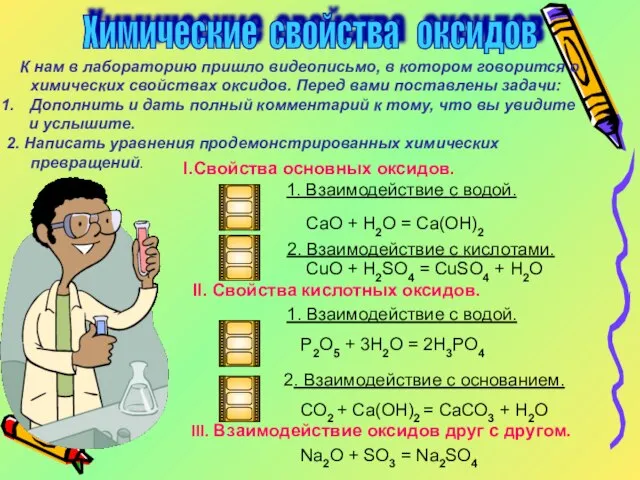 Химические свойства оксидов К нам в лабораторию пришло видеописьмо, в котором говорится