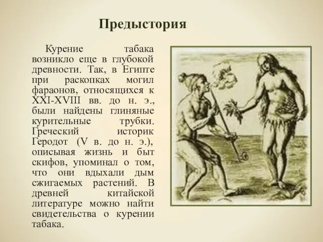 Курение табака возникло еще в глубокой древности. Так, в Египте при раскопках