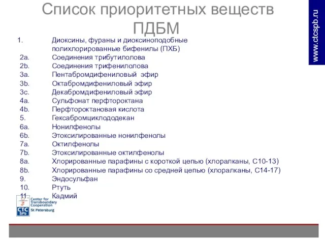 Список приоритетных веществ ПДБМ Диоксины, фураны и диоксиноподобные полихлорированные бифенилы (ПХБ) 2a.