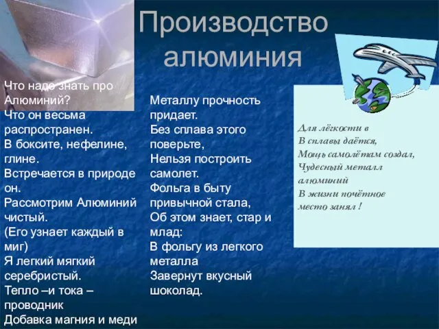 Для лёгкости в В сплавы даётся, Мощь самолётам создал, Чудесный металл алюминий