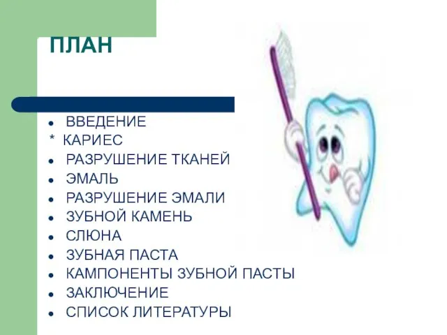 ПЛАН ВВЕДЕНИЕ * КАРИЕС РАЗРУШЕНИЕ ТКАНЕЙ ЭМАЛЬ РАЗРУШЕНИЕ ЭМАЛИ ЗУБНОЙ КАМЕНЬ СЛЮНА