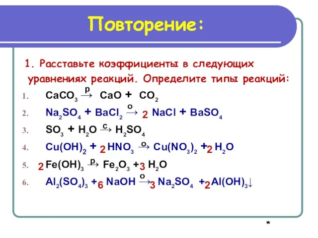 Повторение: 1. Расставьте коэффициенты в следующих уравнениях реакций. Определите типы реакций: СаСО3