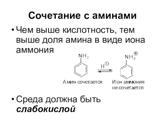 Сочетание с аминами Чем выше кислотность, тем выше доля амина в виде