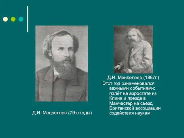 Д.И. Менделеев (79-е годы) Д.И. Менделеев (1887г.) Этот год ознаменовался важными событиями: