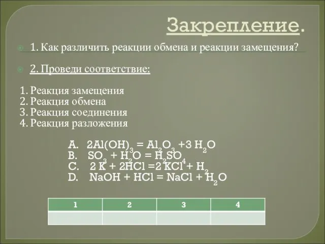 Закрепление. 1. Как различить реакции обмена и реакции замещения? 2. Проведи соответствие: