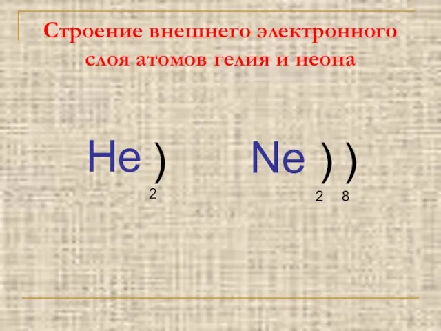 Строение внешнего электронного слоя атомов гелия и неона He ) 2 Ne ) ) 2 8