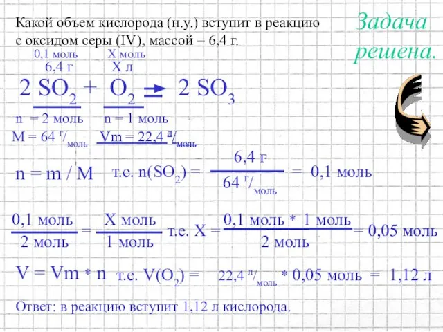 Ответ: в реакцию вступит 1,12 л кислорода. решена. Задача Какой объем кислорода