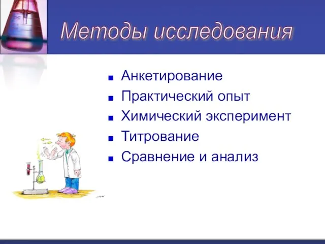 Анкетирование Практический опыт Химический эксперимент Титрование Сравнение и анализ Методы исследования