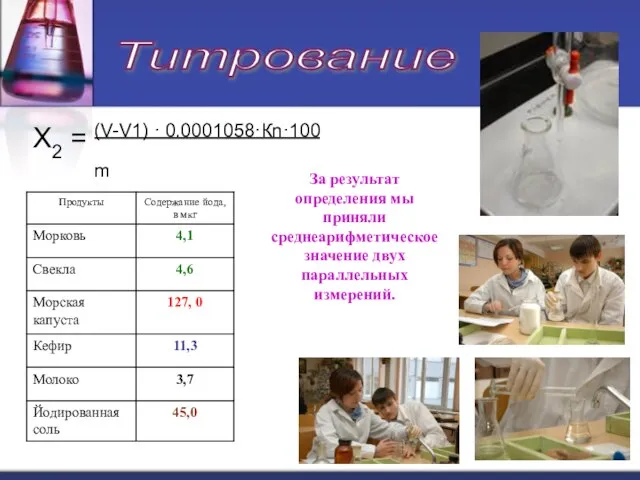 Х2 = (V-V1) · 0.0001058·Кn·100 m Титрование За результат определения мы приняли