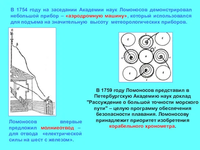 В 1754 году на заседании Академии наук Ломоносов демонстрировал небольшой прибор –