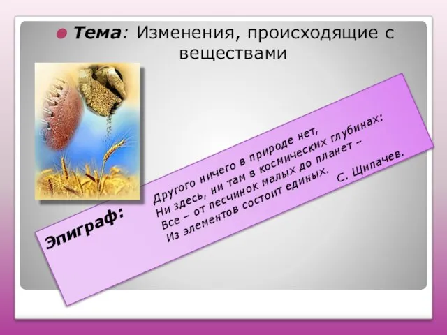 Эпиграф: Другого ничего в природе нет, Ни здесь, ни там в космических