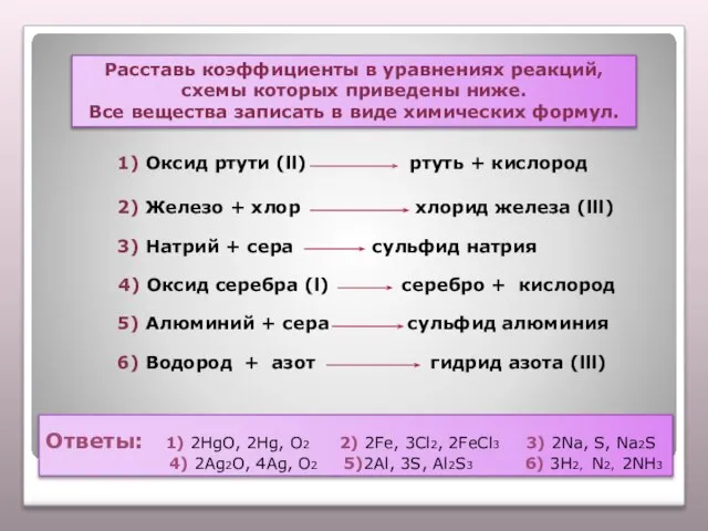 Ответы: 1) 2HgO, 2Hg, O2 2) 2Fe, 3Cl2, 2FeCl3 3) 2Na, S,