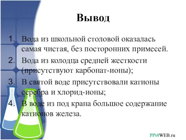 Вывод Вода из школьной столовой оказалась самая чистая, без посторонних примесей. Вода