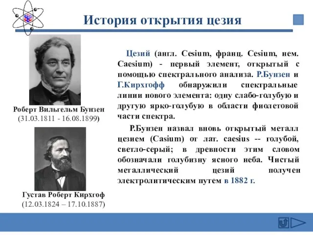 Цезий (англ. Cesium, франц. Cesium, нем. Caesium) - первый элемент, открытый с