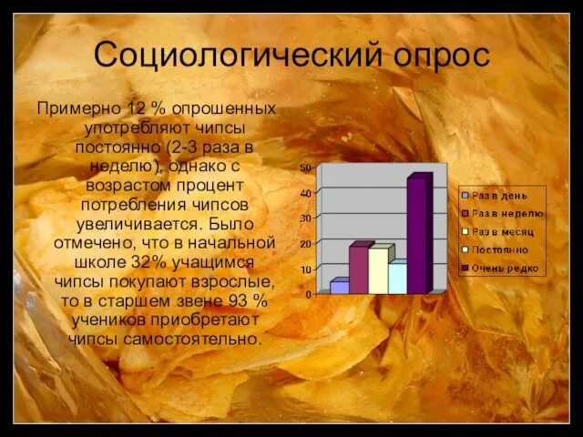 Социологический опрос Примерно 12 % опрошенных употребляют чипсы постоянно (2-3 раза в