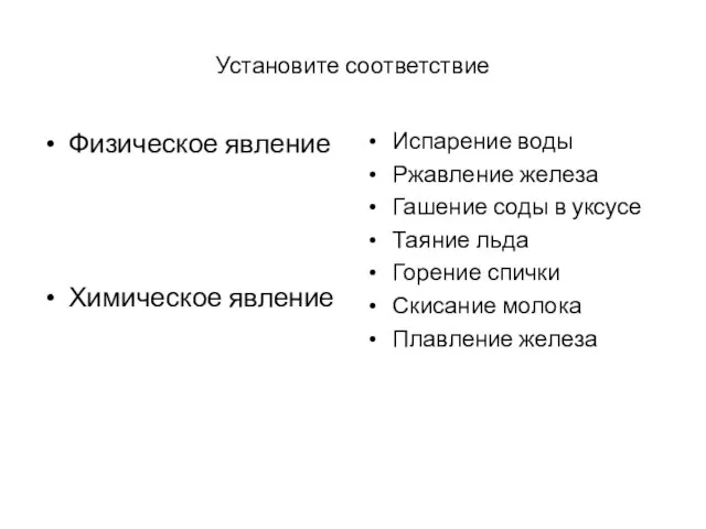 Установите соответствие Физическое явление Химическое явление Испарение воды Ржавление железа Гашение соды