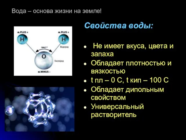 Вода – основа жизни на земле! Свойства воды: Не имеет вкуса, цвета