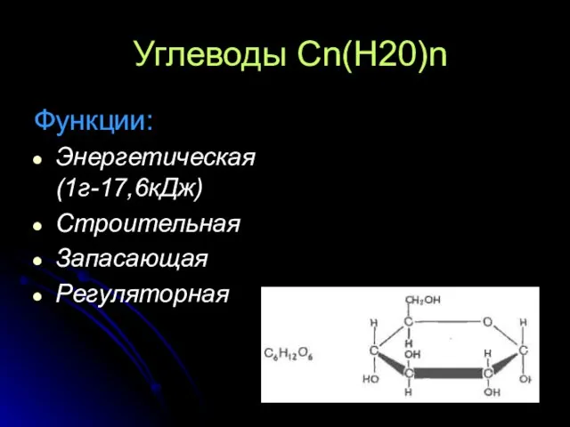 Углеводы Cn(H20)n Функции: Энергетическая (1г-17,6кДж) Строительная Запасающая Регуляторная