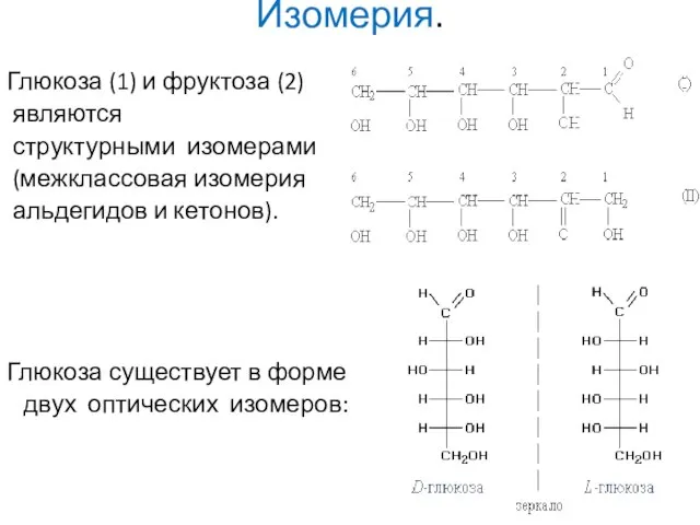 Изомерия. Глюкоза (1) и фруктоза (2) являются структурными изомерами (межклассовая изомерия альдегидов