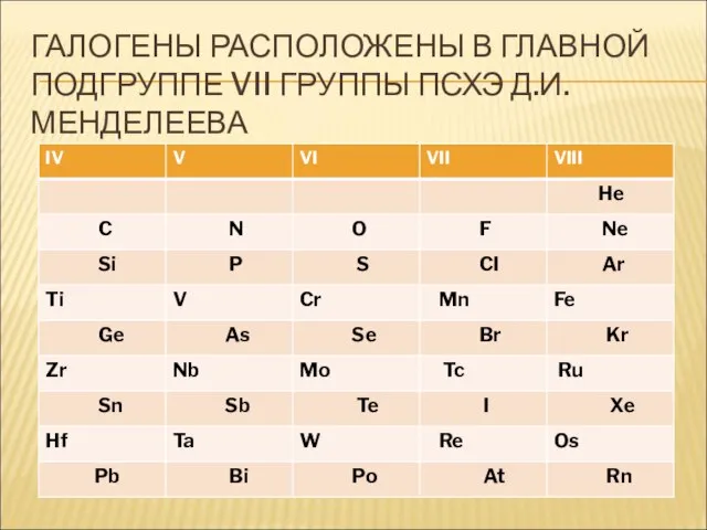 ГАЛОГЕНЫ РАСПОЛОЖЕНЫ В ГЛАВНОЙ ПОДГРУППЕ VII ГРУППЫ ПСХЭ Д.И. МЕНДЕЛЕЕВА