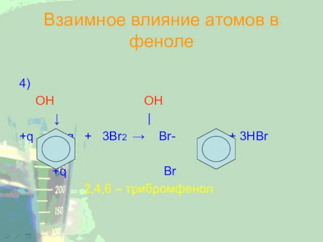 Взаимное влияние атомов в феноле 4) OH OH ↓ | +q +q