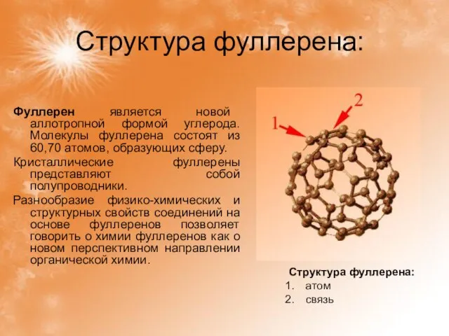 Структура фуллерена: Структура фуллерена: атом связь Фуллерен является новой аллотропной формой углерода.