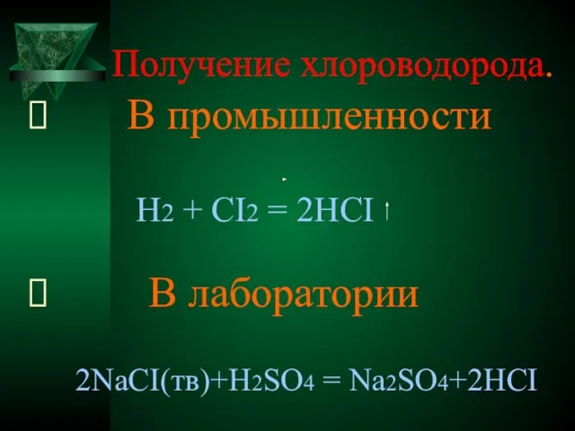 Получение хлороводорода. В промышленности H2 + CI2 = 2HCI В лаборатории 2NaCI(тв)+H2SO4 = Na2SO4+2HCI