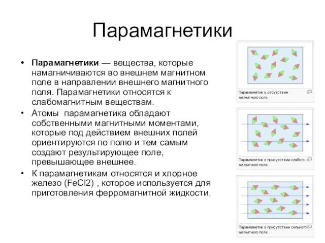 Парамагнетики Парамагнетики — вещества, которые намагничиваются во внешнем магнитном поле в направлении