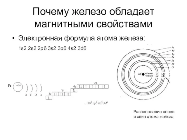 Почему железо обладает магнитными свойствами Электронная формула атома железа: 1s2 2s2 2p6