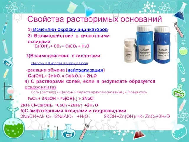 Свойства растворимых оснований Щёлочь + Кислота = Соль + Вода 1) Изменяют