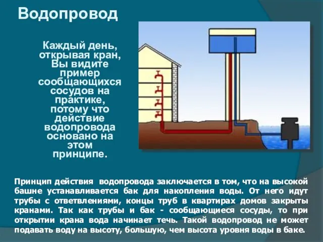 Водопровод Каждый день, открывая кран, Вы видите пример сообщающихся сосудов на практике,