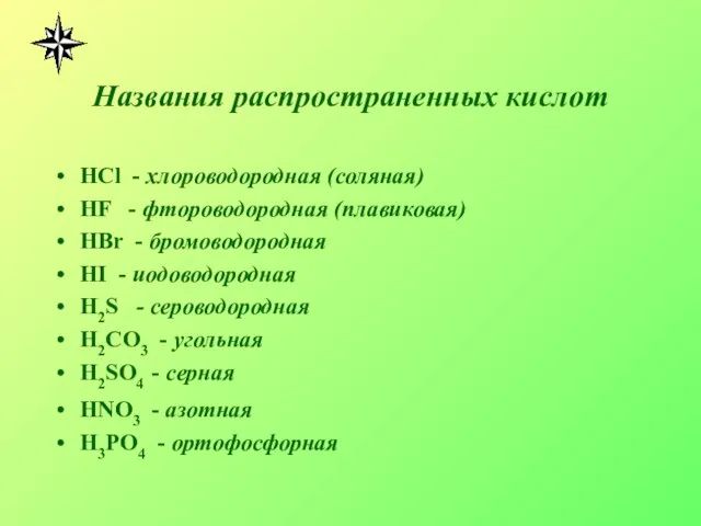 Названия распространенных кислот HCl - хлороводородная (соляная) HF - фтороводородная (плавиковая) HBr