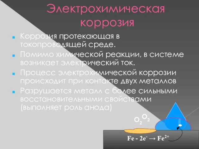 Электрохимическая коррозия Коррозия протекающая в токопроводящей среде. Помимо химической реакции, в системе