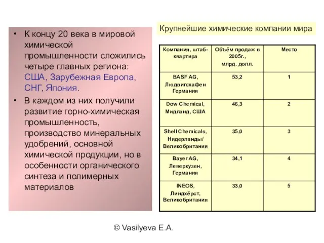 © Vasilyeva E.A. К концу 20 века в мировой химической промышленности сложились